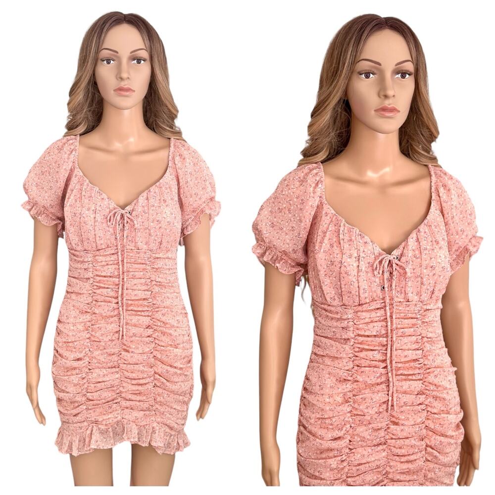 NWT IRIS Mini Dress babydoll Milkmaid coquette Smocked Pink floral y2k Large